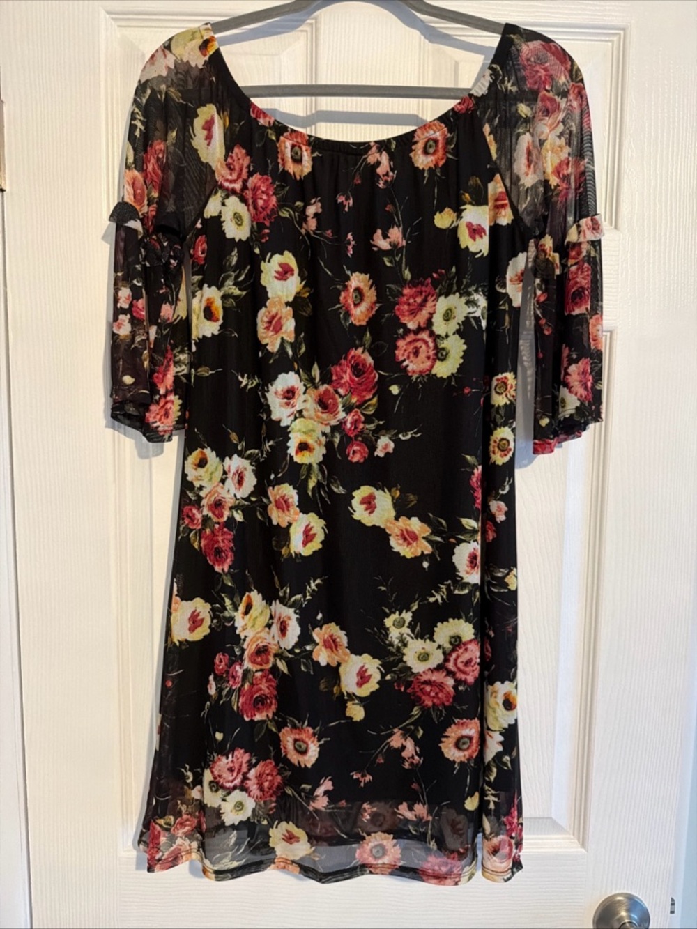 Potter's Pot Black One-Shoulder Floral Dress with Pink and Cream Blooms